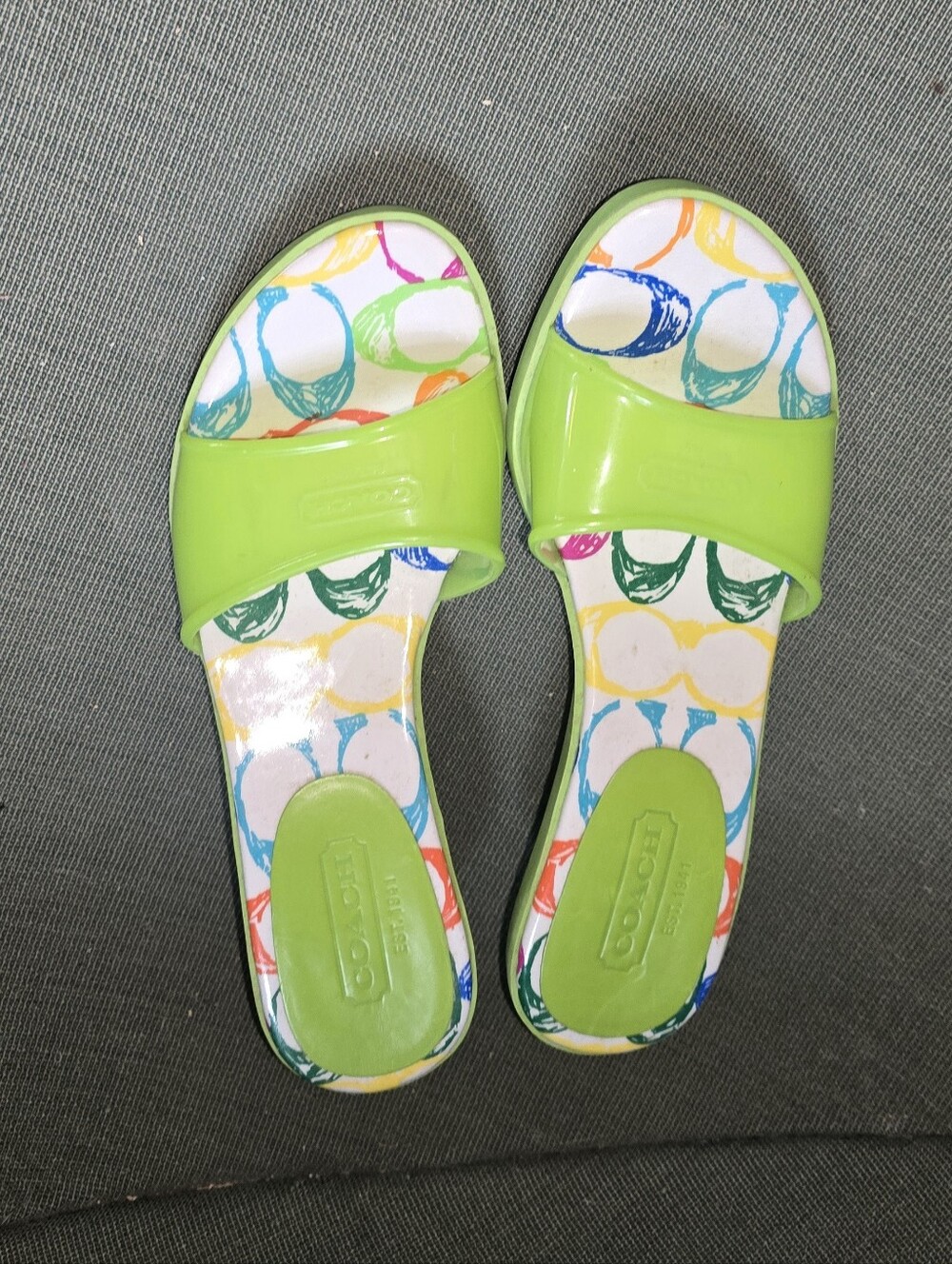 Coach Lime Green Slide Sandals with Multicolor Printed Insole